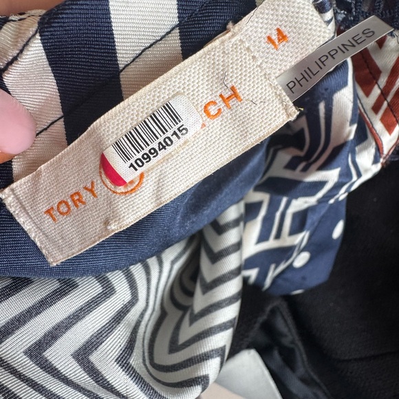 Tory Burch Patchwork Print Long Sleeve Belted Shirt Dress - Navy, Rust & Mustard - Picture 2 of 6